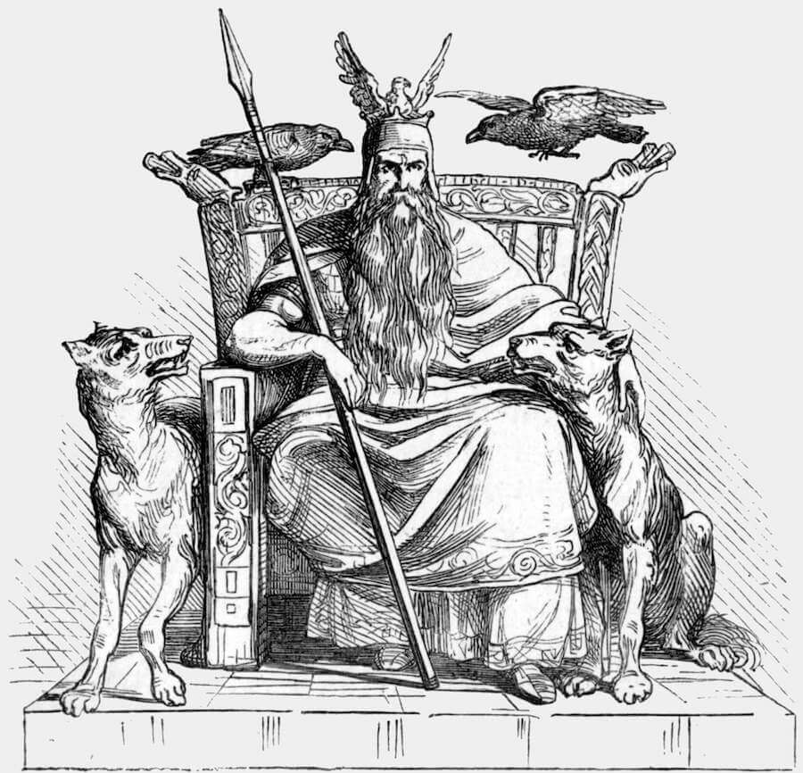 Odin der Wanderer auf Thron mit Huginn, Muninn, Geri und Freki