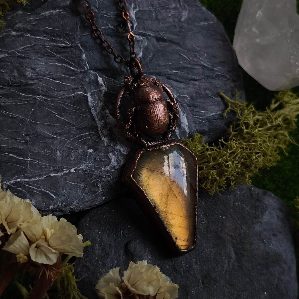 Kupferkette mit echtem Käfer & goldfarbenem Labradorit – Bild 10