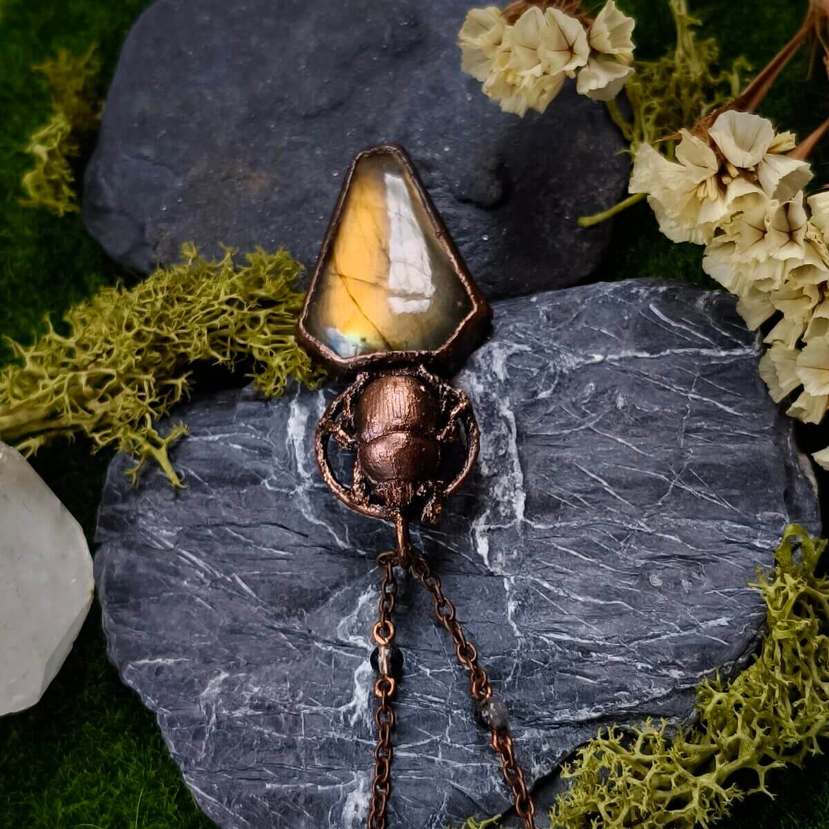 Kupferkette mit echtem Käfer & goldfarbenem Labradorit – Bild 5